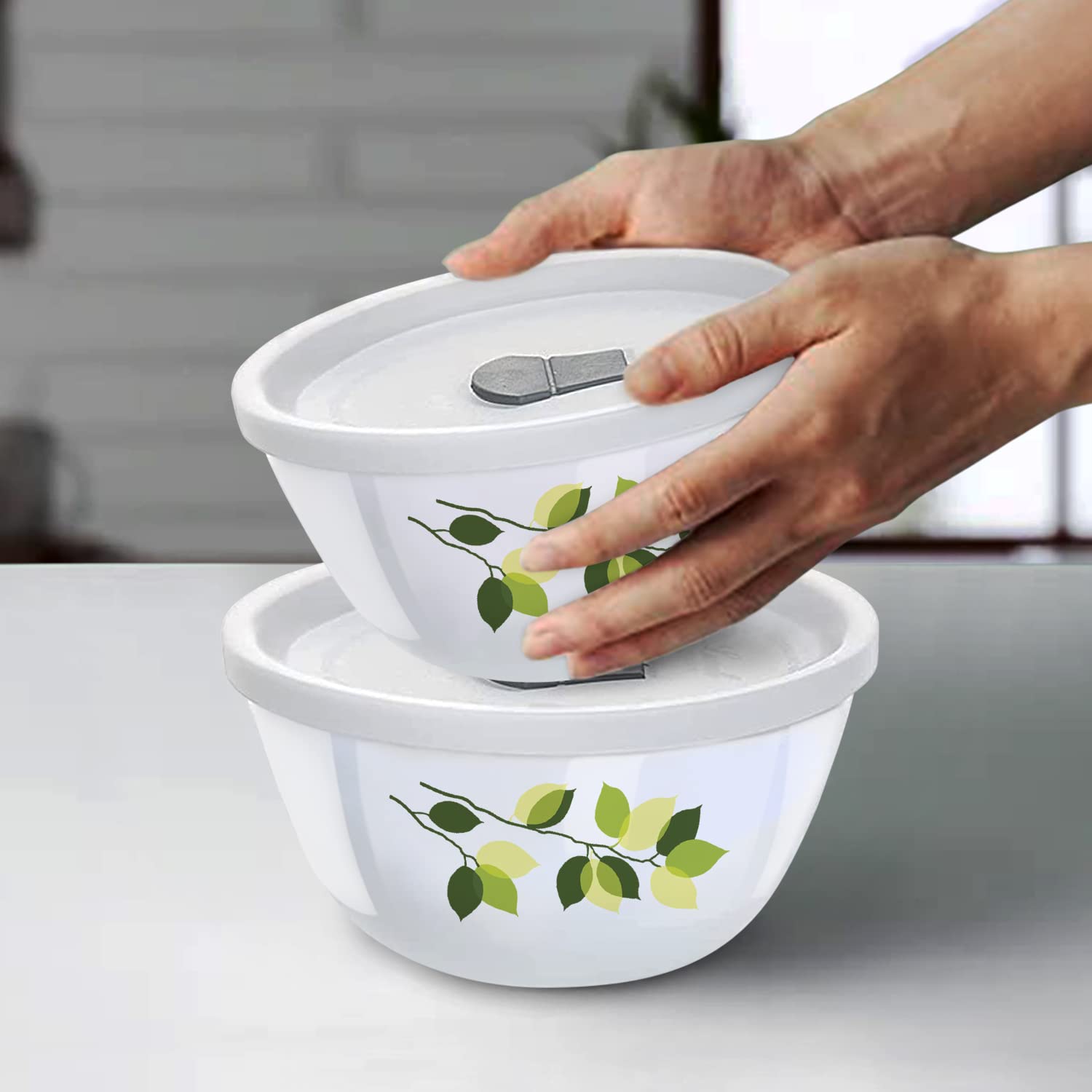 Larah by Borosil Green Leaves 4 pc Mixing Bowl, 1 L + 750 ml