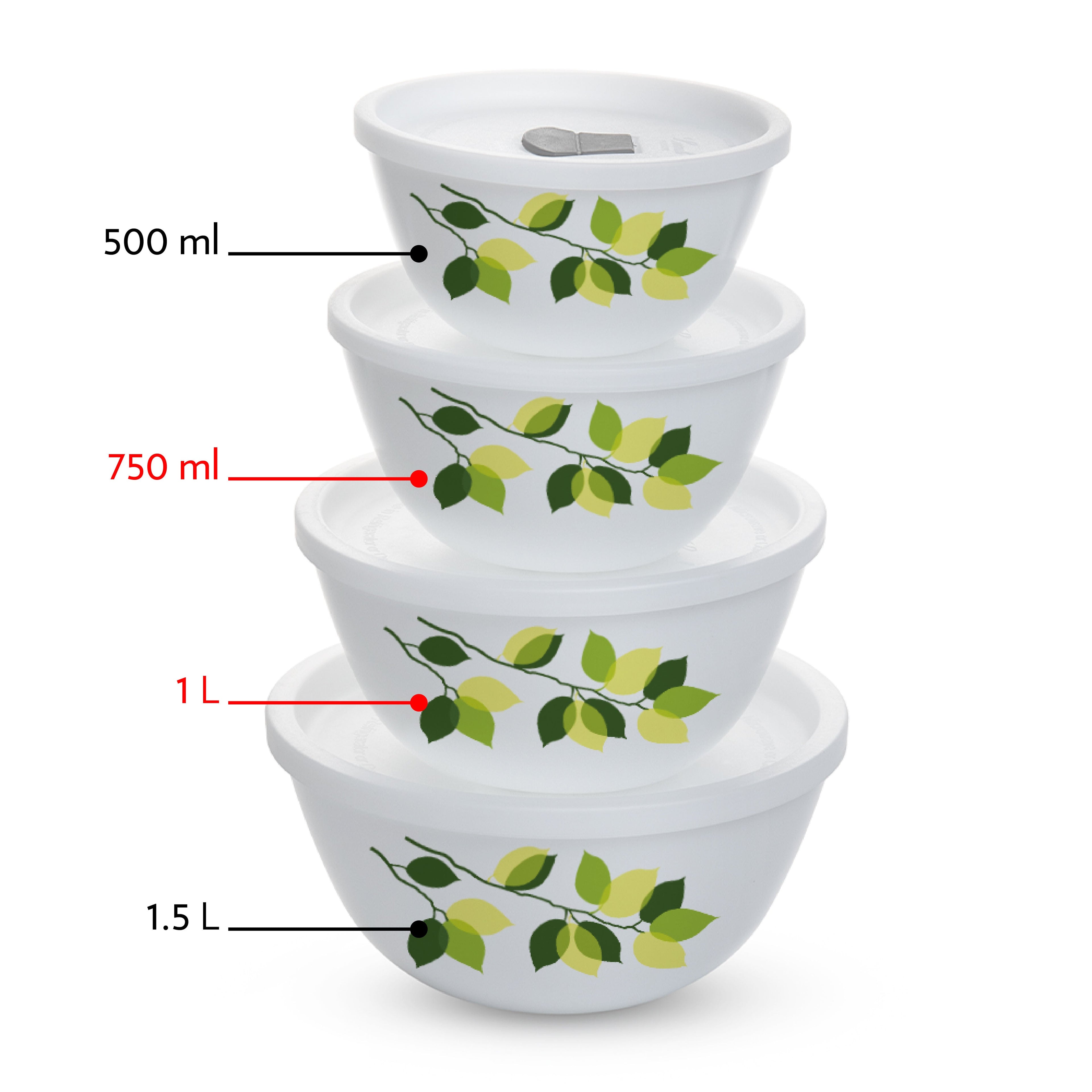 Larah by Borosil Green Leaves 4 pc Mixing Bowl, 1 L + 750 ml