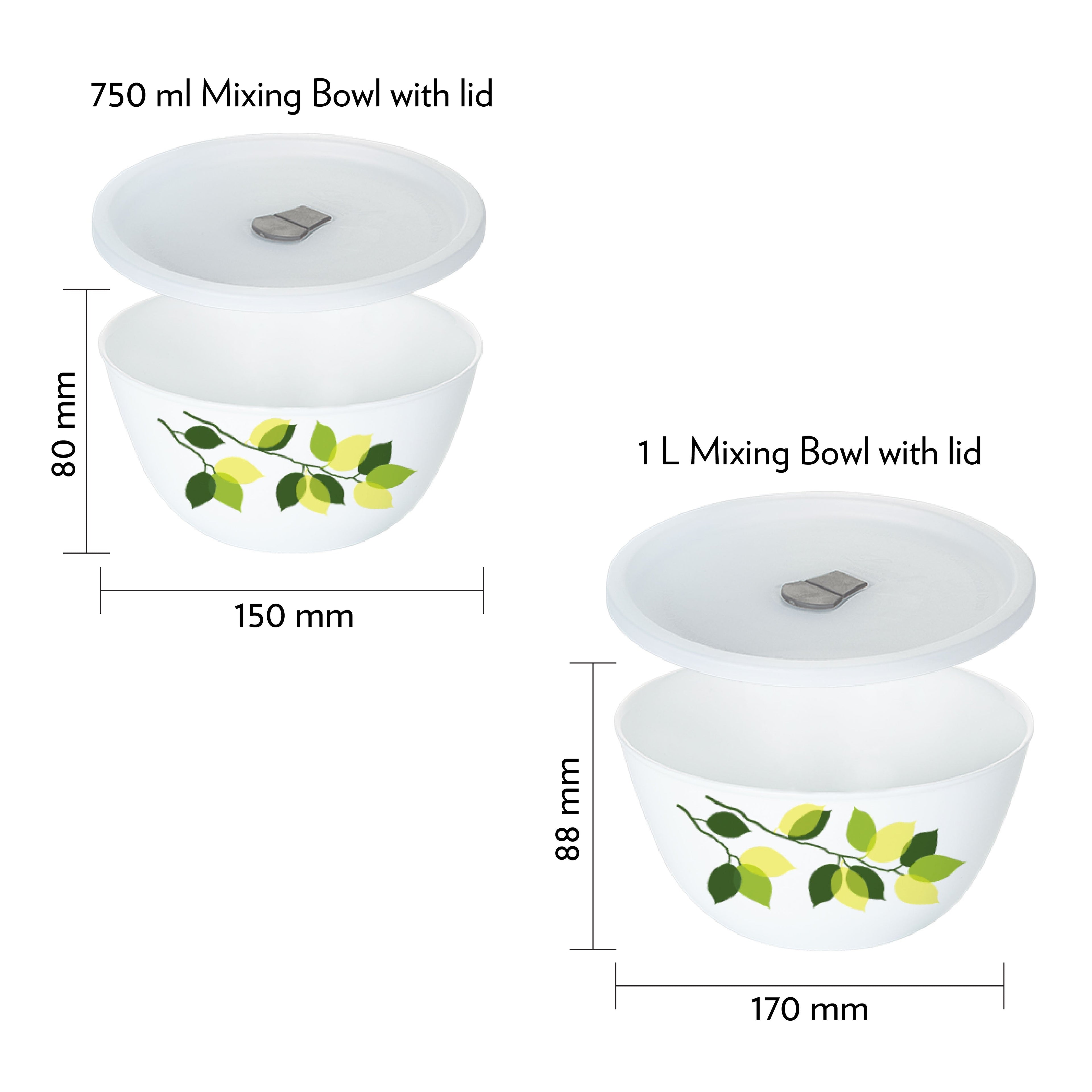 Larah by Borosil Green Leaves 4 pc Mixing Bowl, 1 L + 750 ml