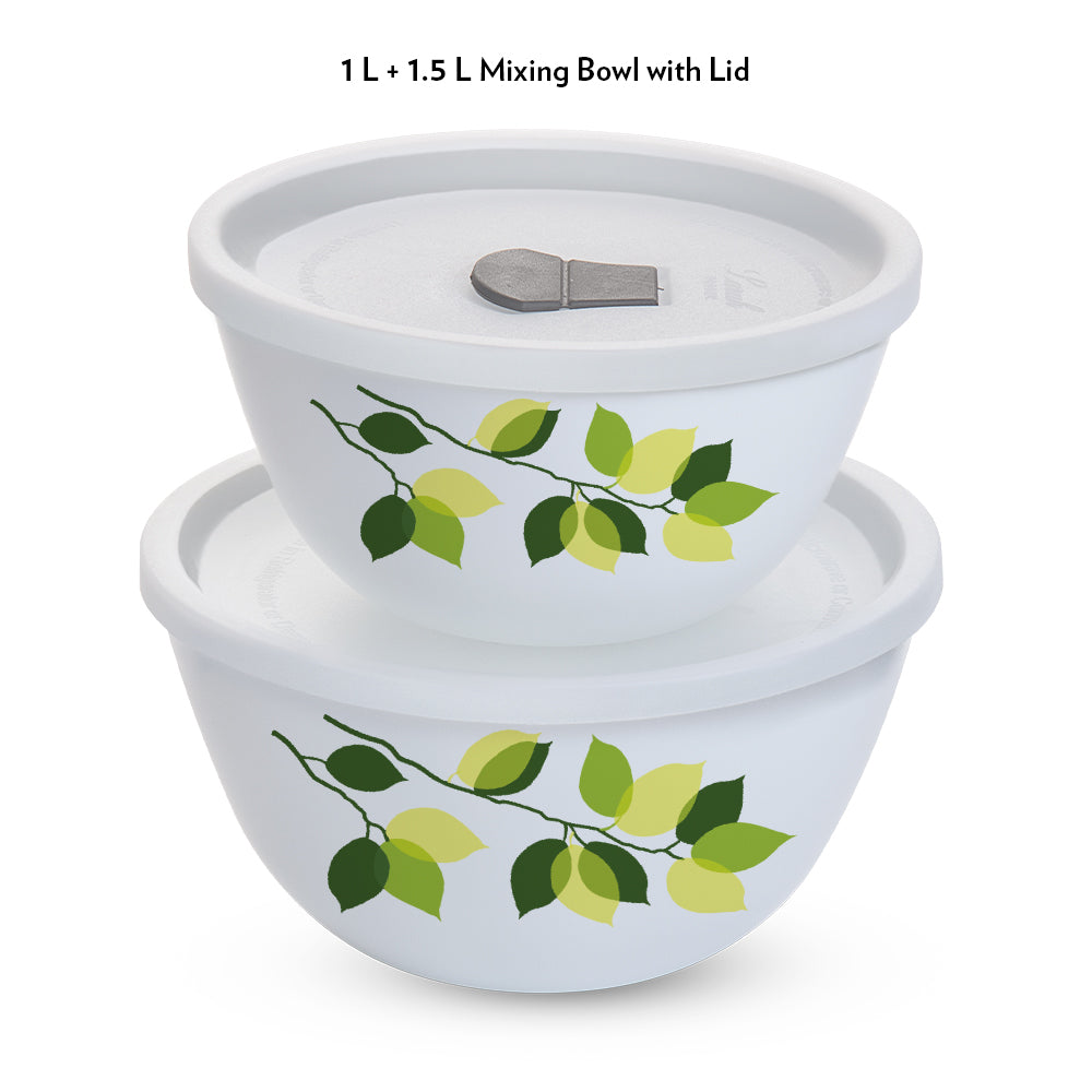 Larah by Borosil Green Leaves 4 pc Mixing Bowl, 1 L + 1.5 L