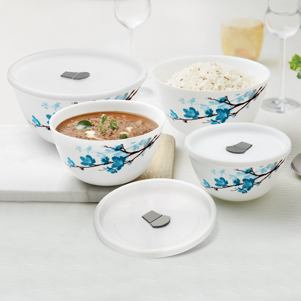 Larah by Borosil Mimosa Mixing Bowl Set w Lid, 1.5L + 1L + 750ml + 500ml