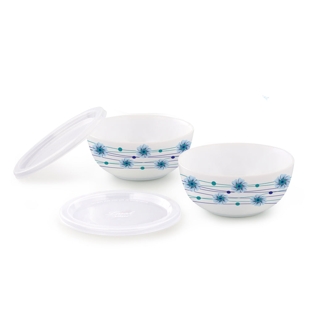Larah by Borosil Bluebell Snack Bowl with Cover, 2pcSet+2Lids