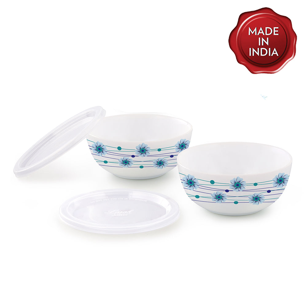Larah by Borosil Bluebell Snack Bowl with Cover, 2pcSet+2Lids