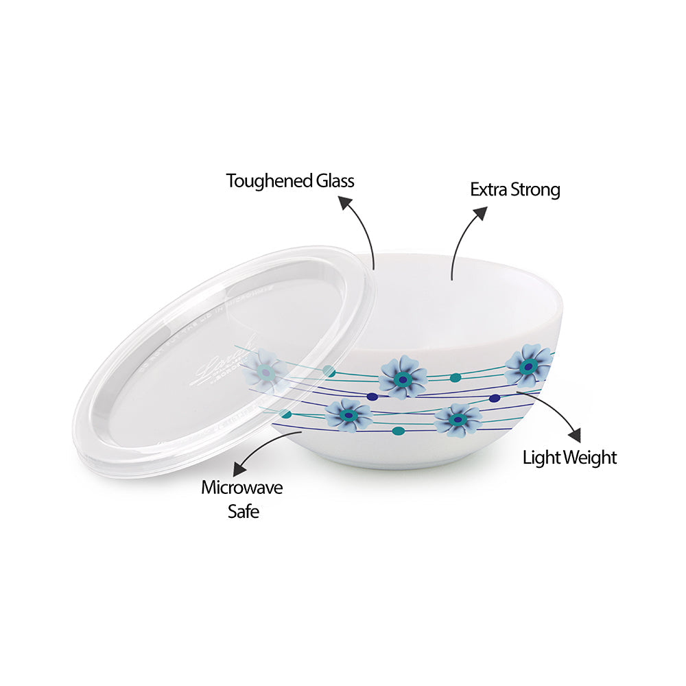 Larah by Borosil Bluebell Snack Bowl with Cover, 2pcSet+2Lids