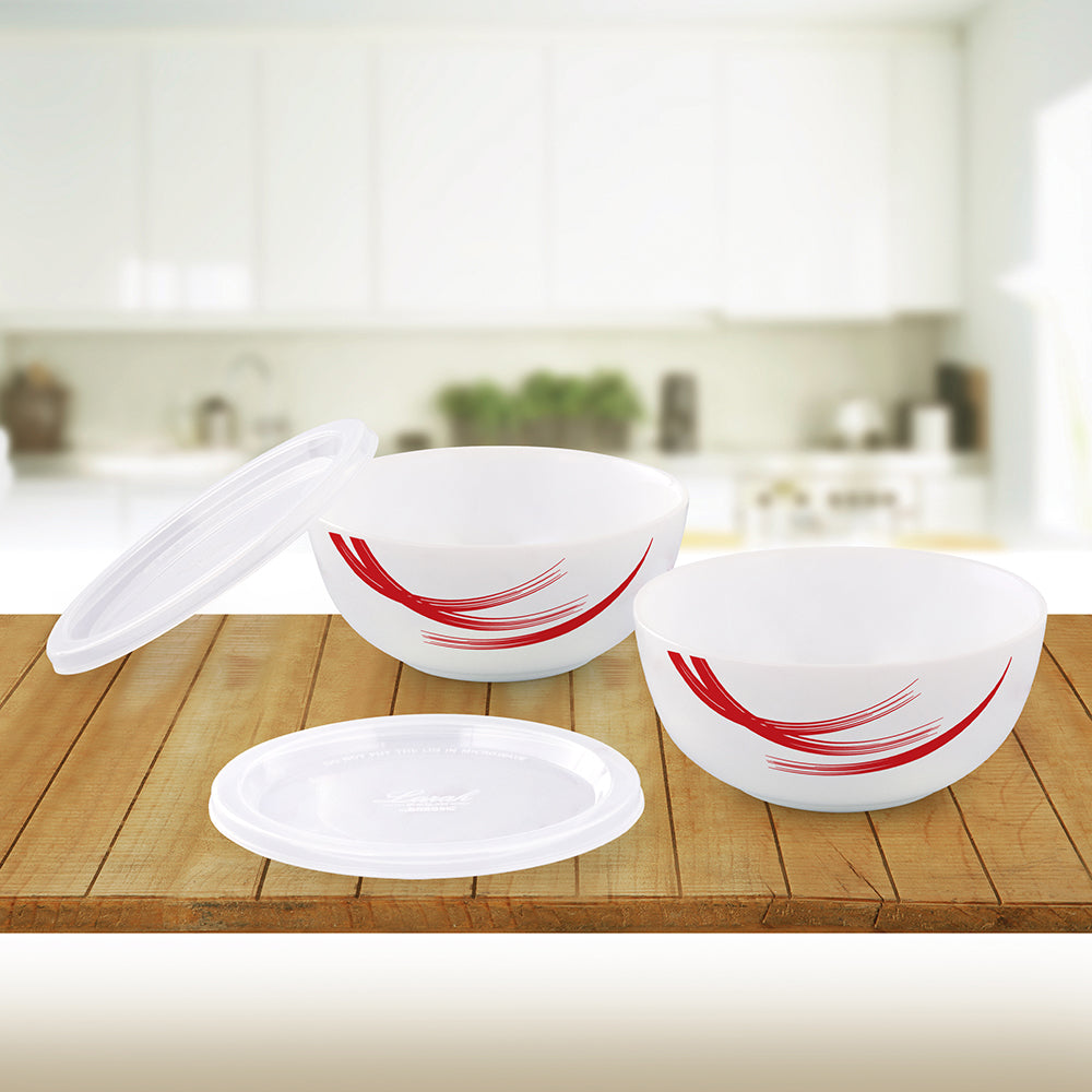 Larah by Borosil Red Stella Snack Bowl with Cover 2 pc Set + 2 Lids