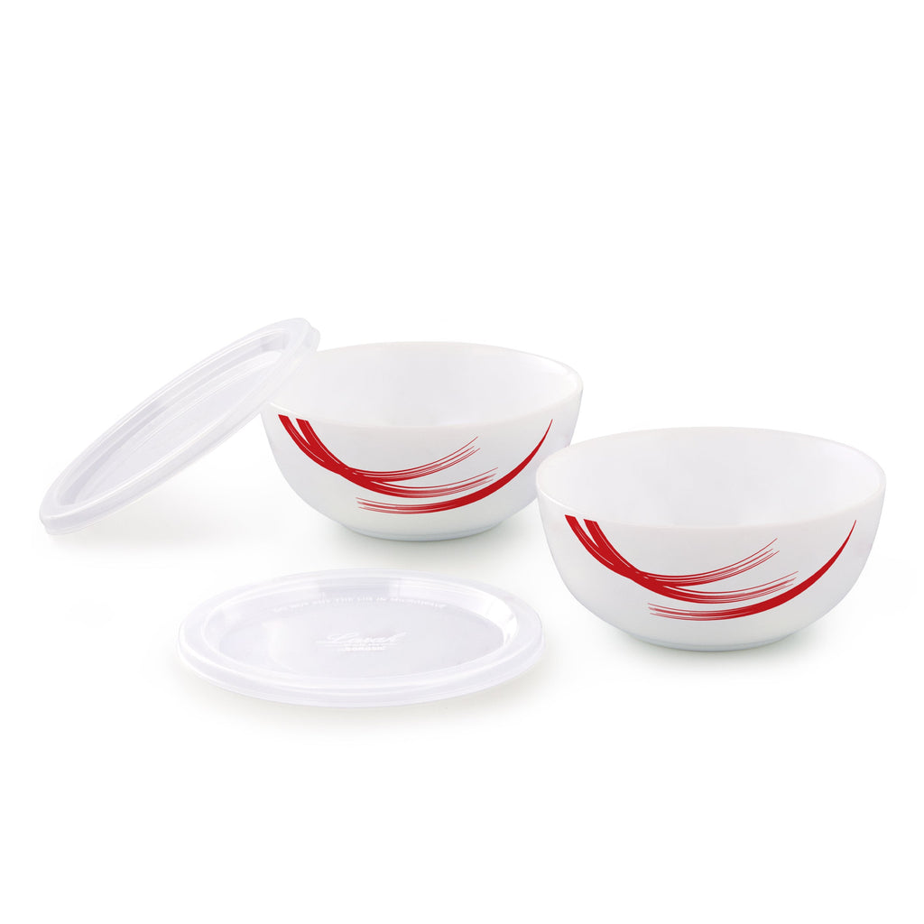 Larah by Borosil Red Stella Snack Bowl with Cover, 2pcSet+2Lids