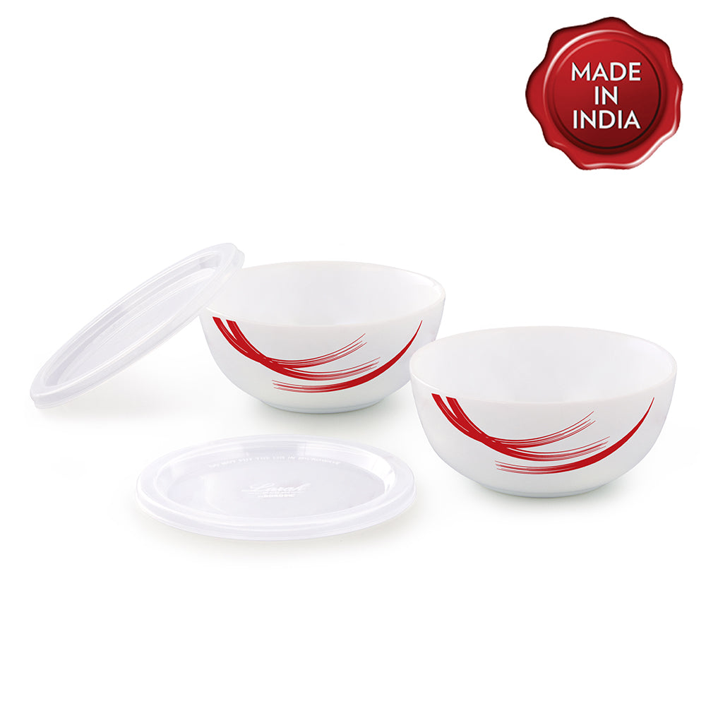 Larah by Borosil Red Stella Snack Bowl with Cover, 2pcSet+2Lids