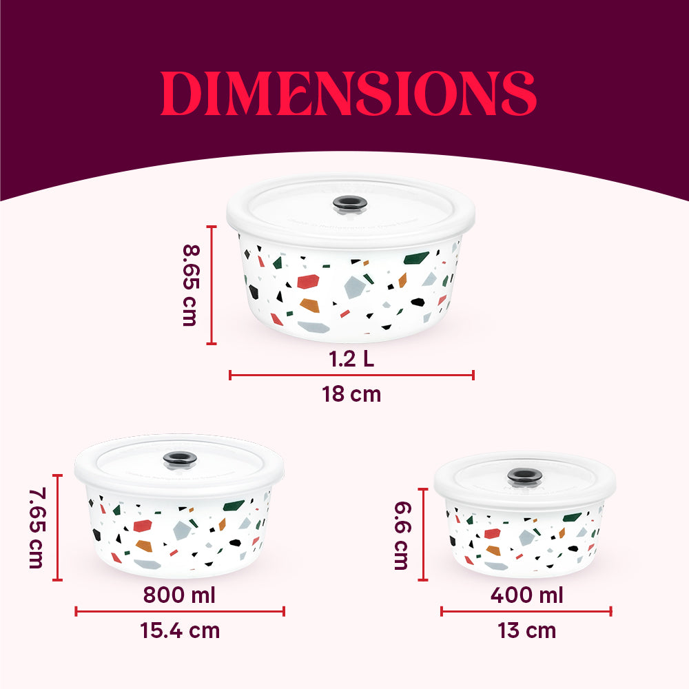 Larah By Borosil Confetti Storage Bowl Set, 1.2L + 800ml + 400ml