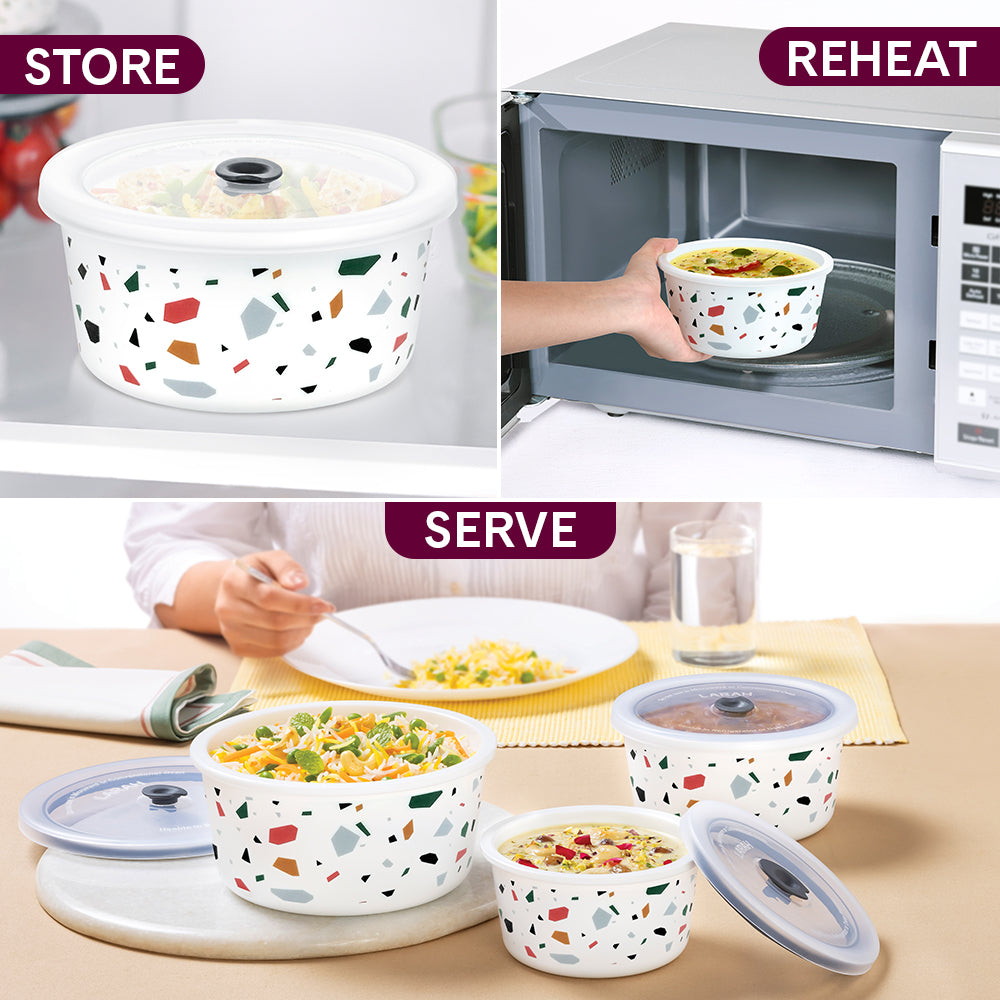 Larah By Borosil Confetti Storage Bowl Set, 1.2L + 800ml + 400ml