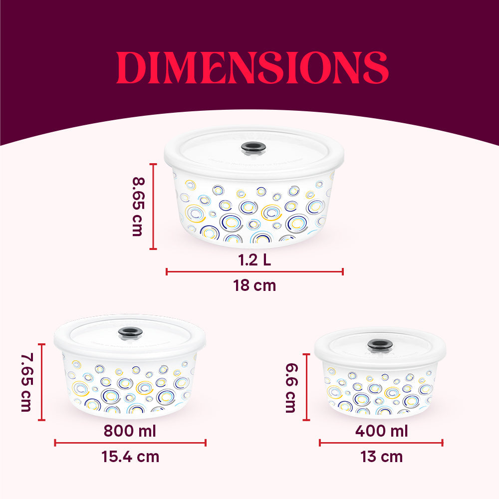 Larah By Borosil Jupiter Storage Bowl Set, 1.2L + 800ml + 400ml