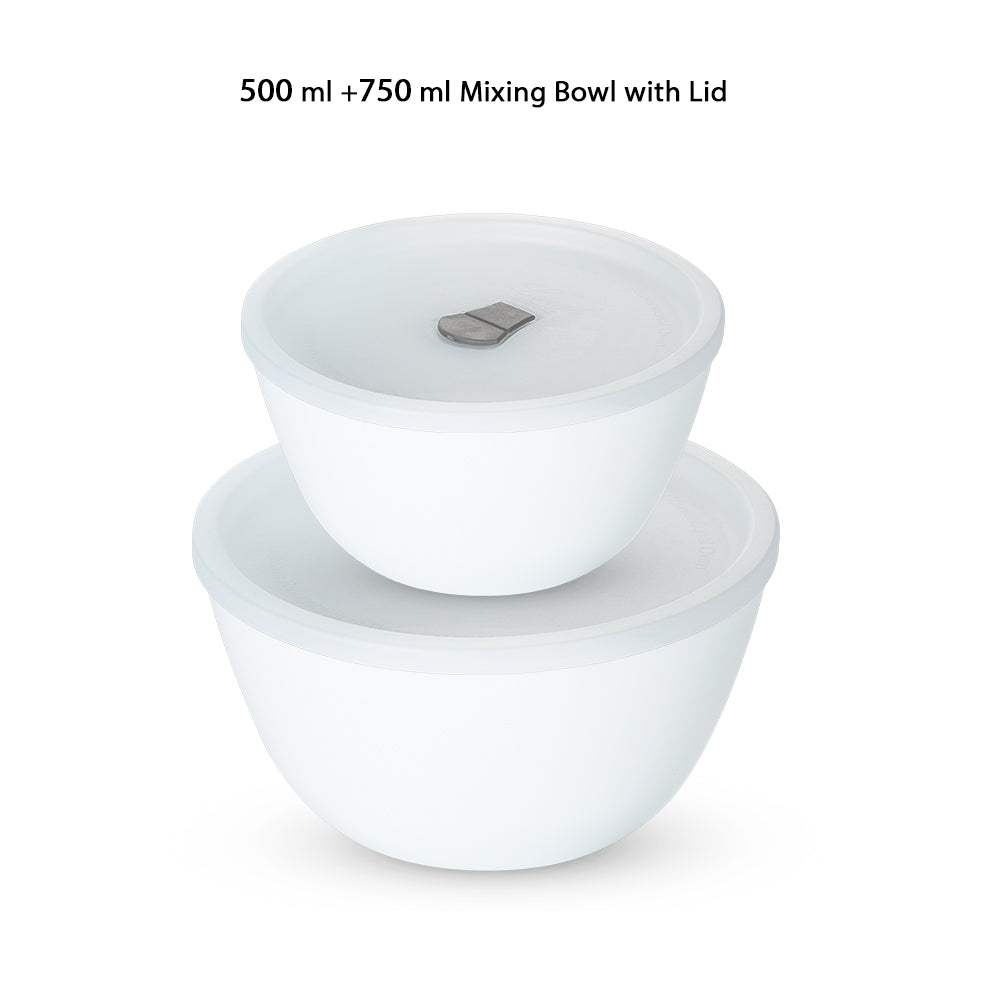 Larah by Borosil Snow Mixing Bowl w Lid, Set of 2, 750ml + 500ml