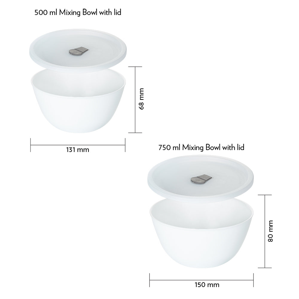 Larah by Borosil Snow Mixing Bowl w Lid, Set of 2, 750ml + 500ml