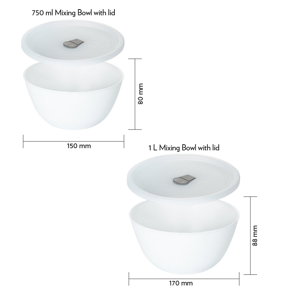 Larah by Borosil Snow Mixing Bowl w Lid, Set of 2, 1L + 750ml