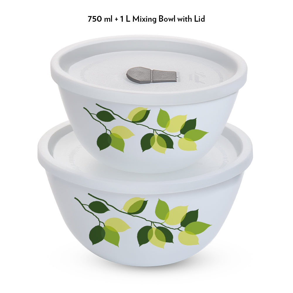 Larah by Borosil Green Leaves 4 pc Mixing Bowl, 1 L + 750 ml
