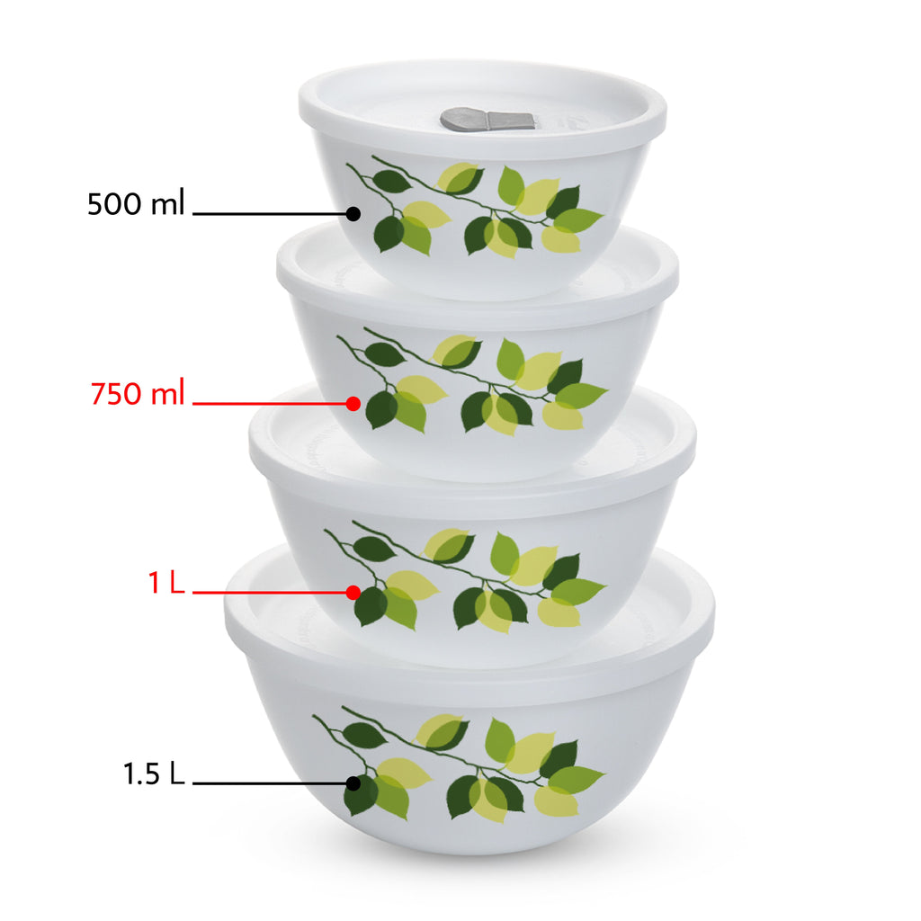 Larah by Borosil Green Leaves 4 pc Mixing Bowl, 1 L + 750 ml
