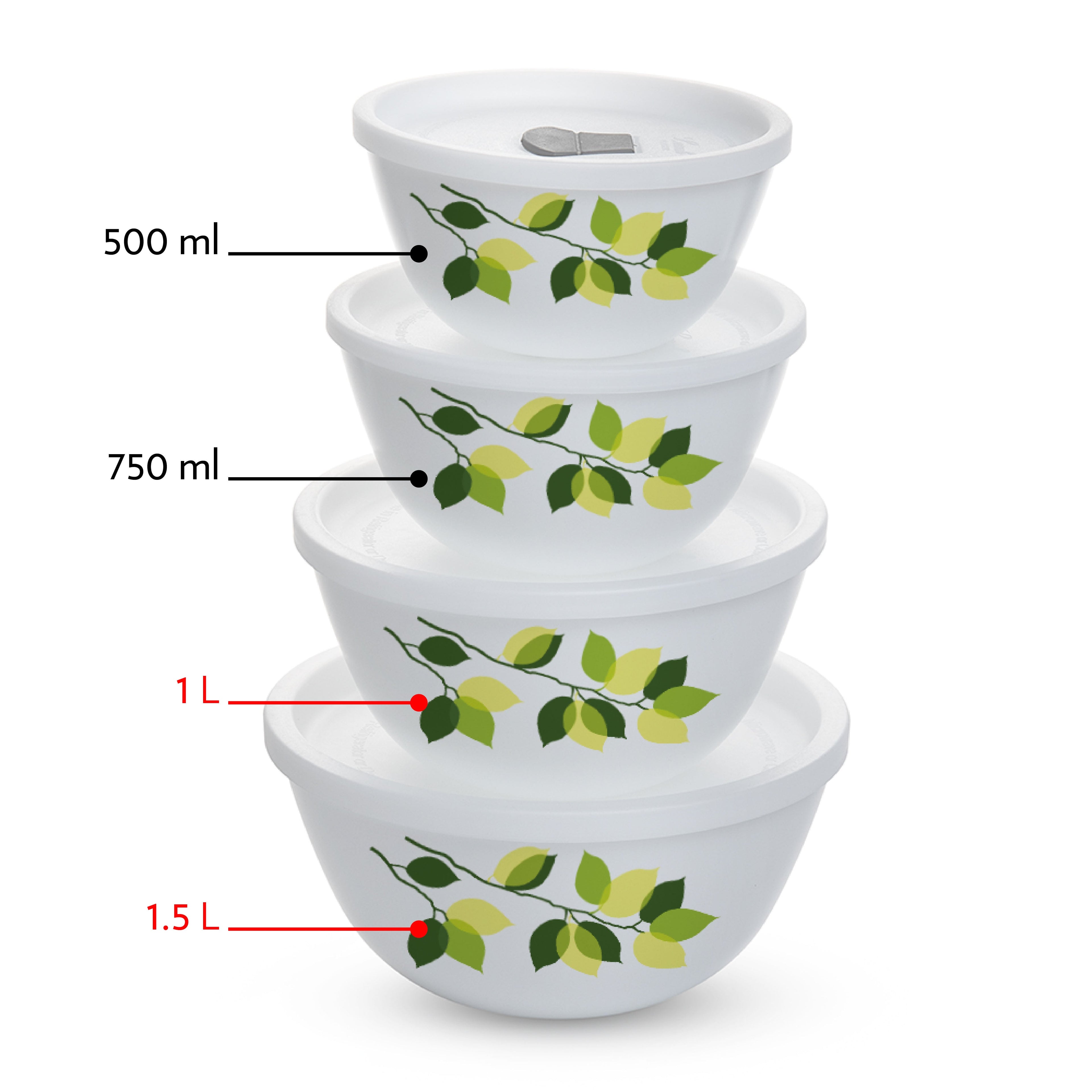 Larah by Borosil Green Leaves 4 pc Mixing Bowl, 1 L + 1.5 L