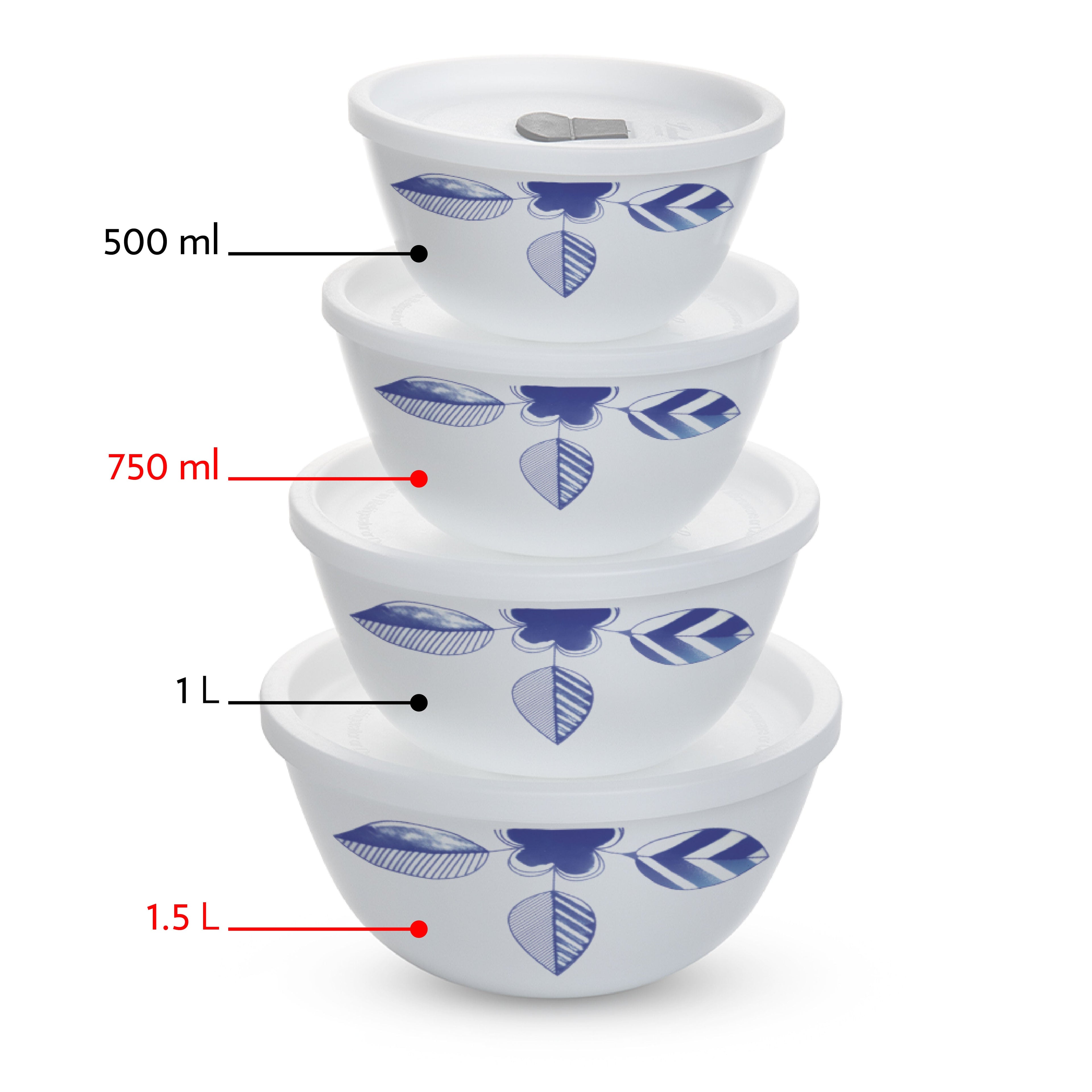 Larah by Borosil Morning Glory 4 pc Mixing Bowl, 1 .5 L + 750 ml