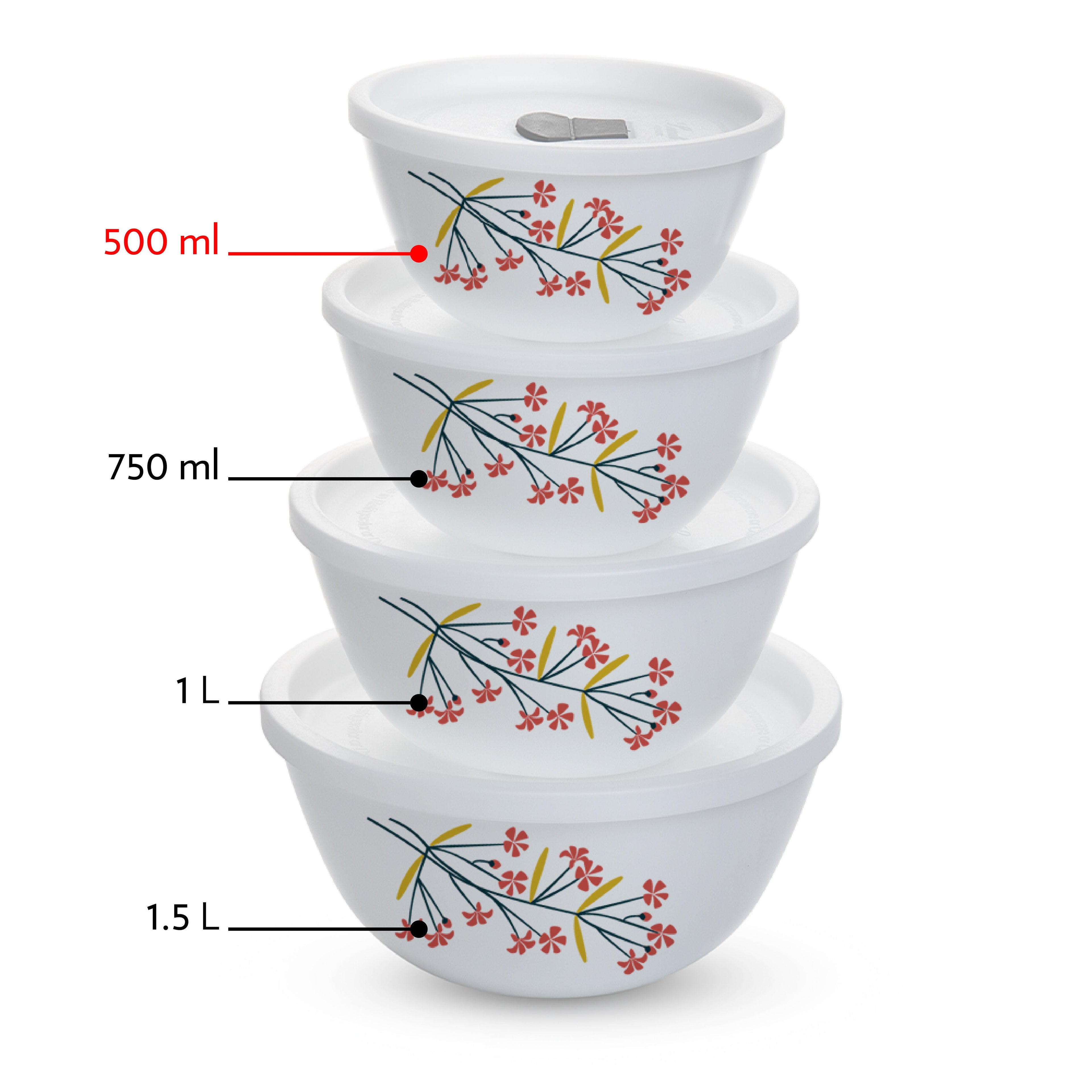Larah by Borosil Red Bud 4 pc Mixing Bowl, 500 ml x 2