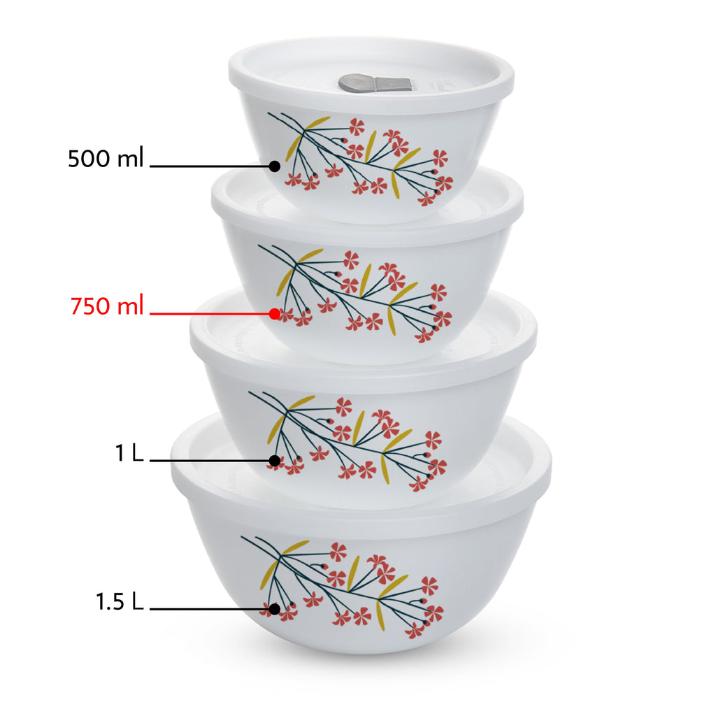 Larah by Borosil Red Bud 4 pc Mixing Bowl, 750 ml x 2