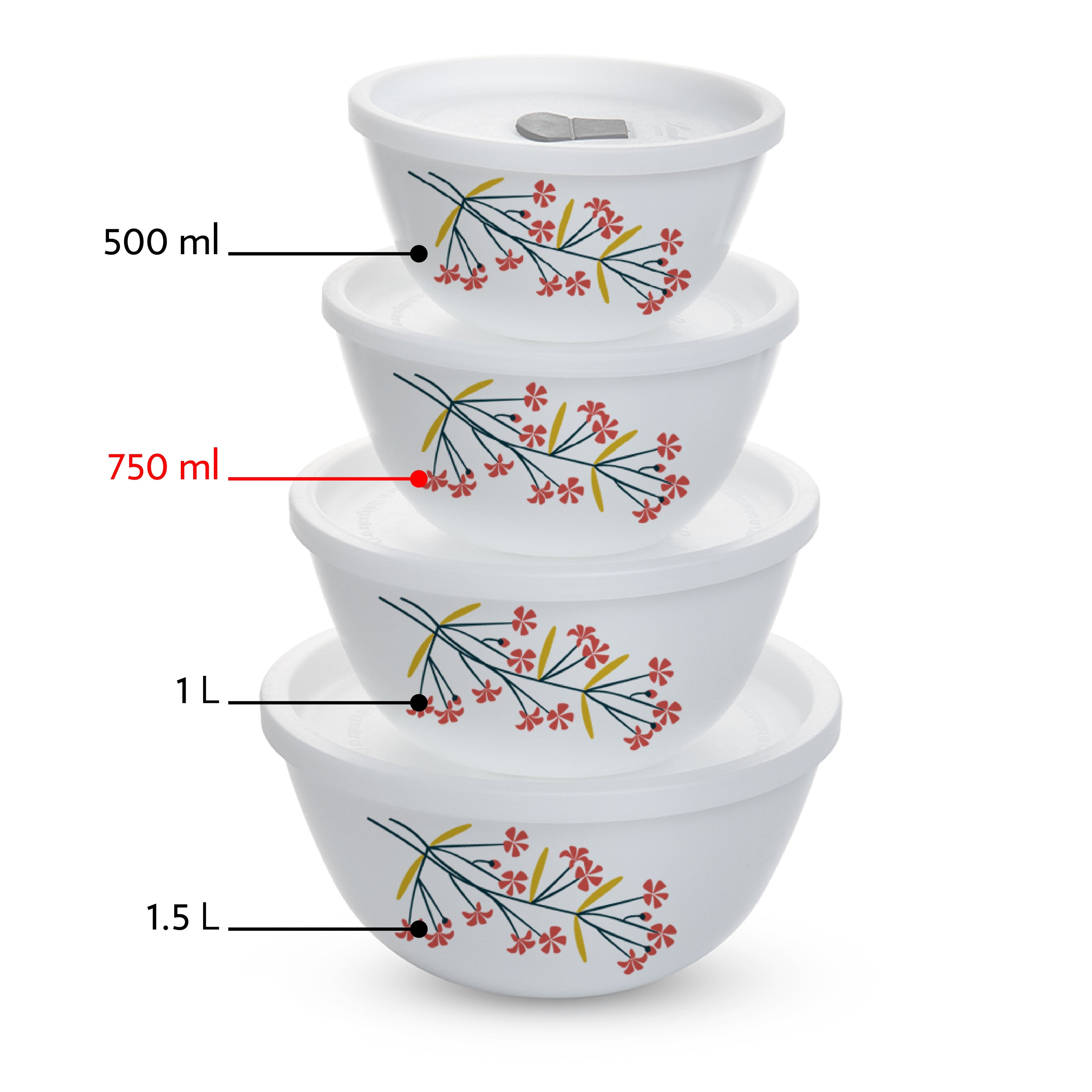 Larah by Borosil Red Bud 4 pc Mixing Bowl, 750 ml x 2