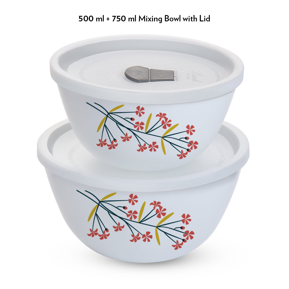 Larah by Borosil Red Bud 4 pc Mixing Bowl, 750 ml + 500 ml