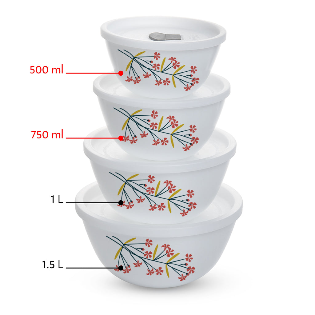 Larah by Borosil Red Bud 4 pc Mixing Bowl, 750 ml + 500 ml