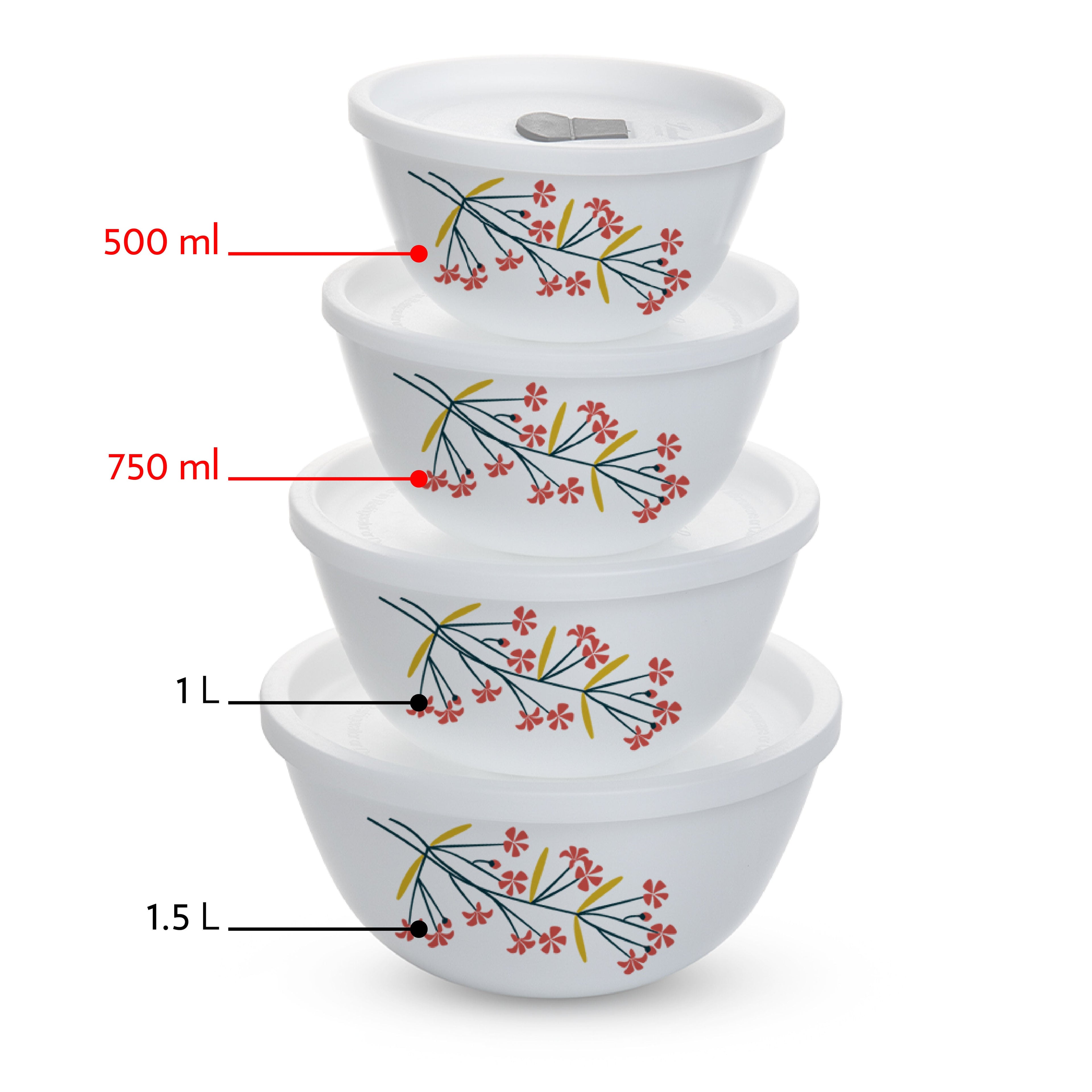 Larah by Borosil Red Bud 4 pc Mixing Bowl, 750 ml + 500 ml
