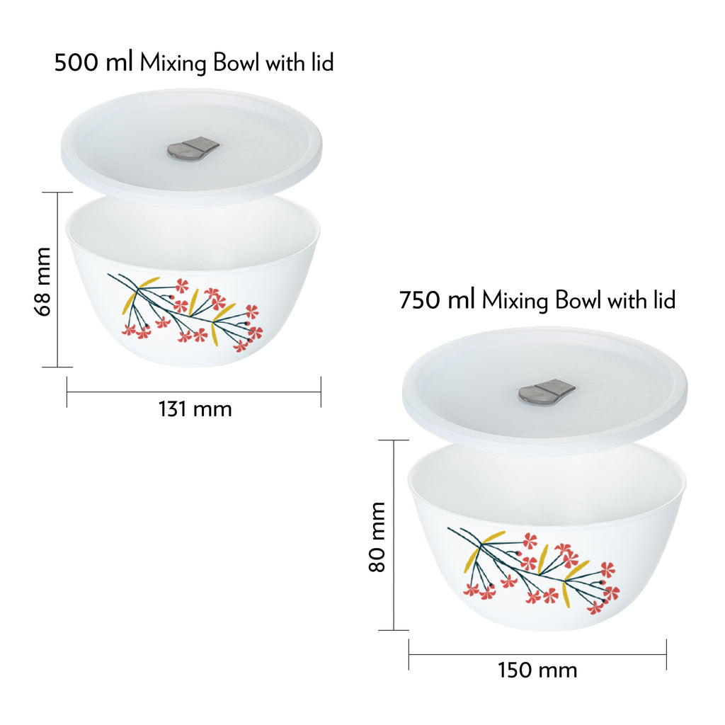 Larah by Borosil Red Bud 4 pc Mixing Bowl, 750 ml + 500 ml