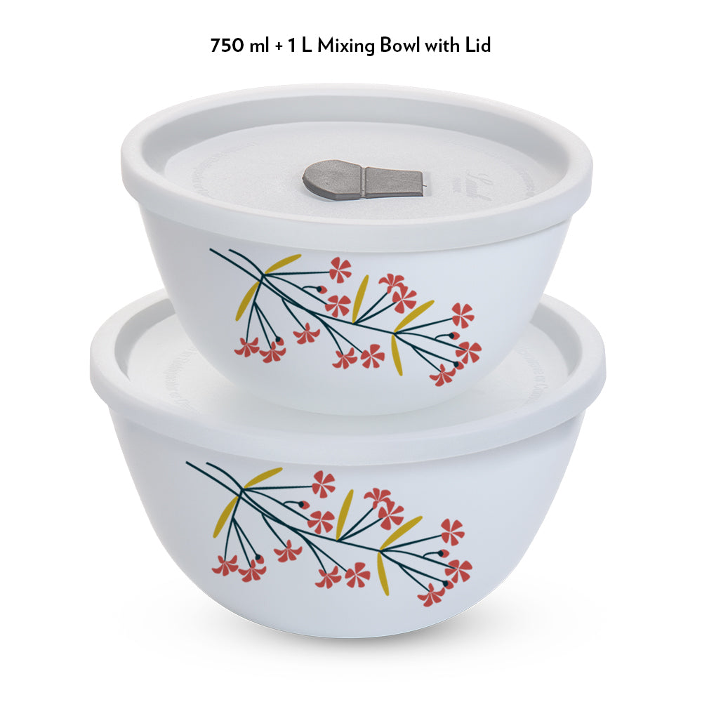 Larah by Borosil Red Bud 4 pc Mixing Bowl, 1 L + 750 ml