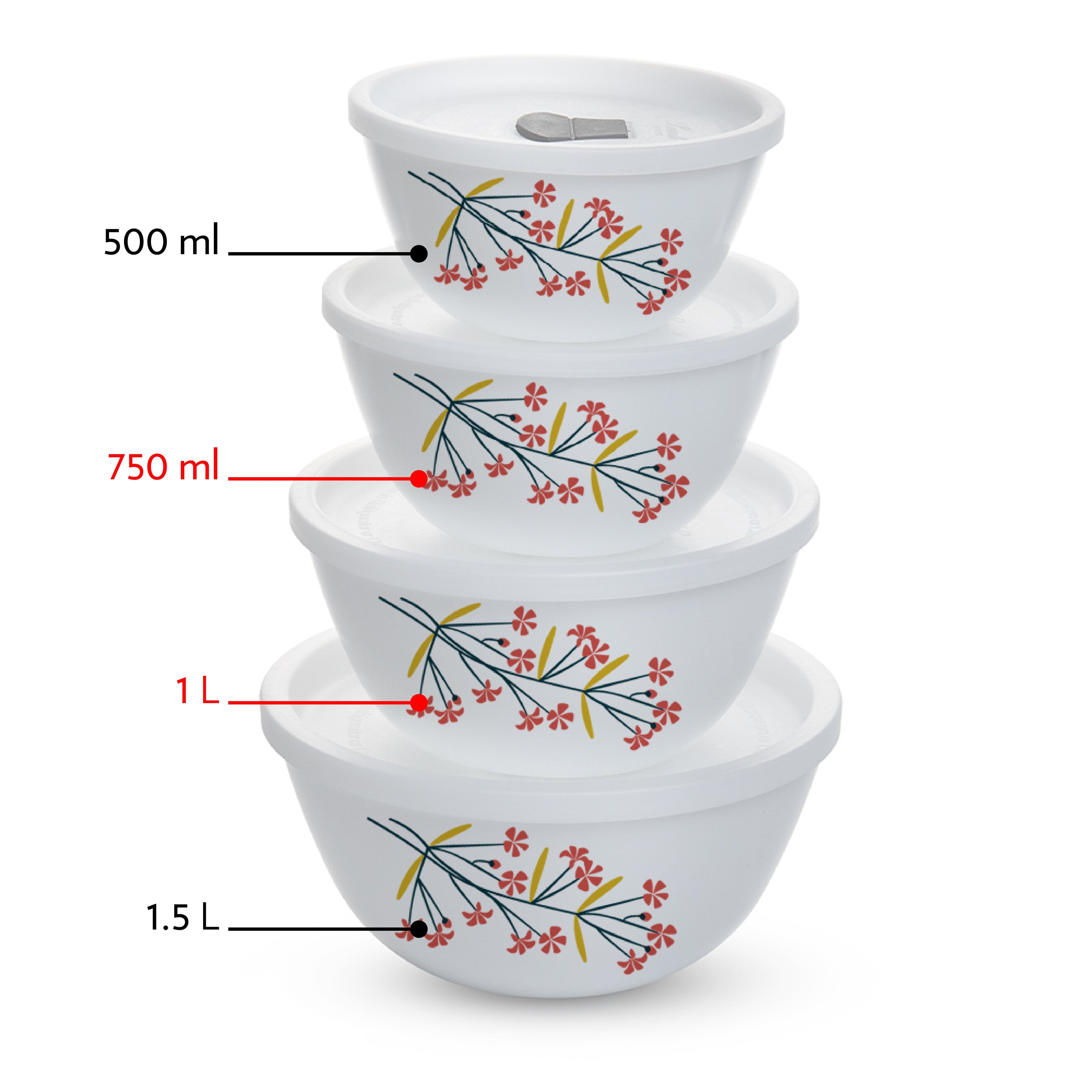 Larah by Borosil Red Bud 4 pc Mixing Bowl, 1 L + 750 ml