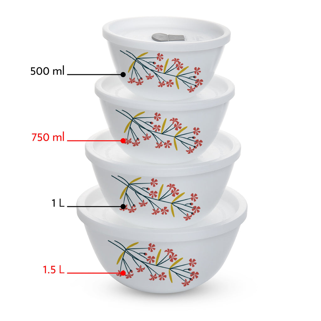 Larah by Borosil Red Bud 4 pc Mixing Bowl, 1 .5 L + 750 ml
