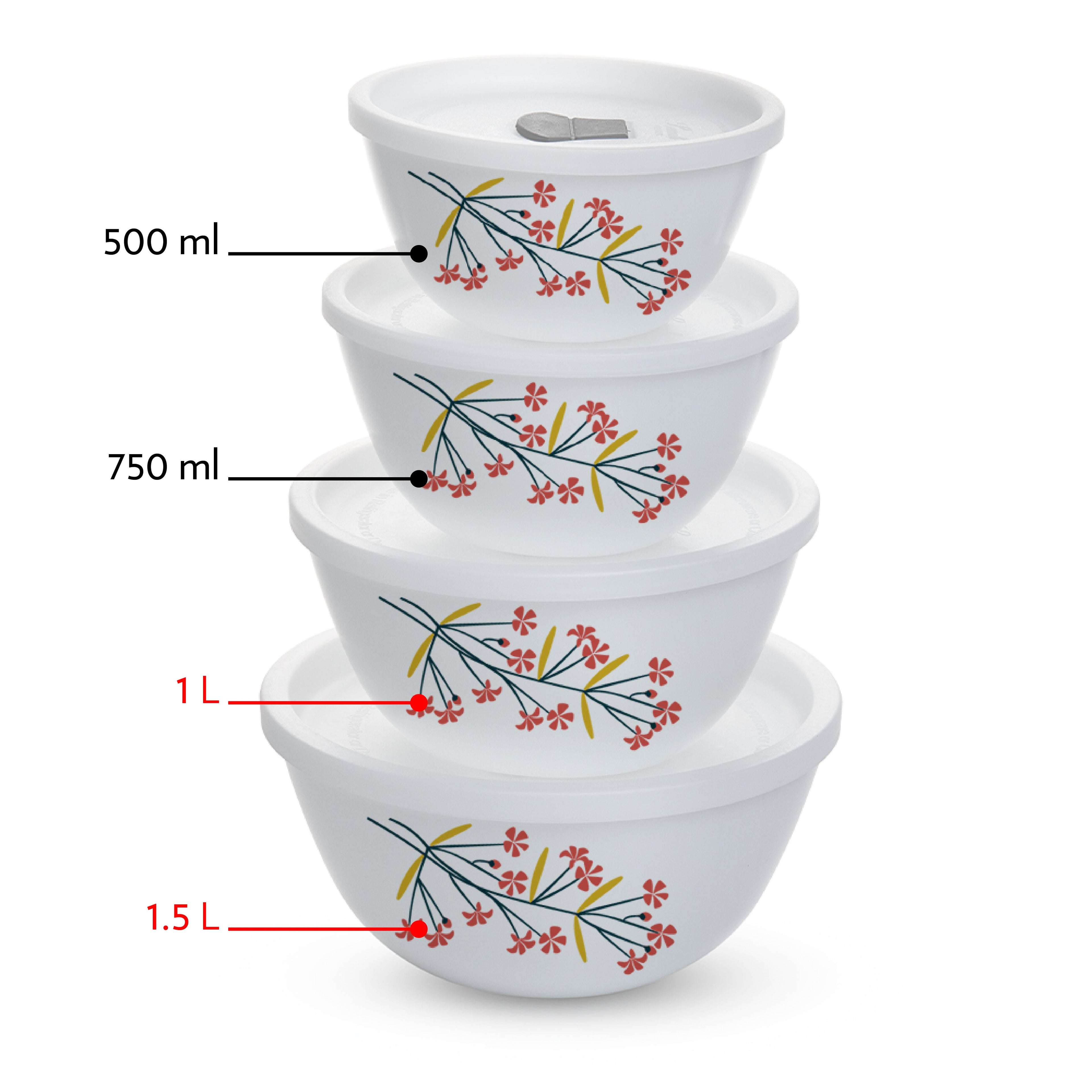 Larah by Borosil Red Bud 4 pc Mixing Bowl, 1 L + 1.5 L