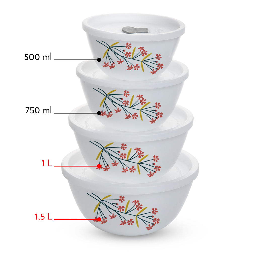 Larah by Borosil Red Bud 4 pc Mixing Bowl, 1 L + 1.5 L