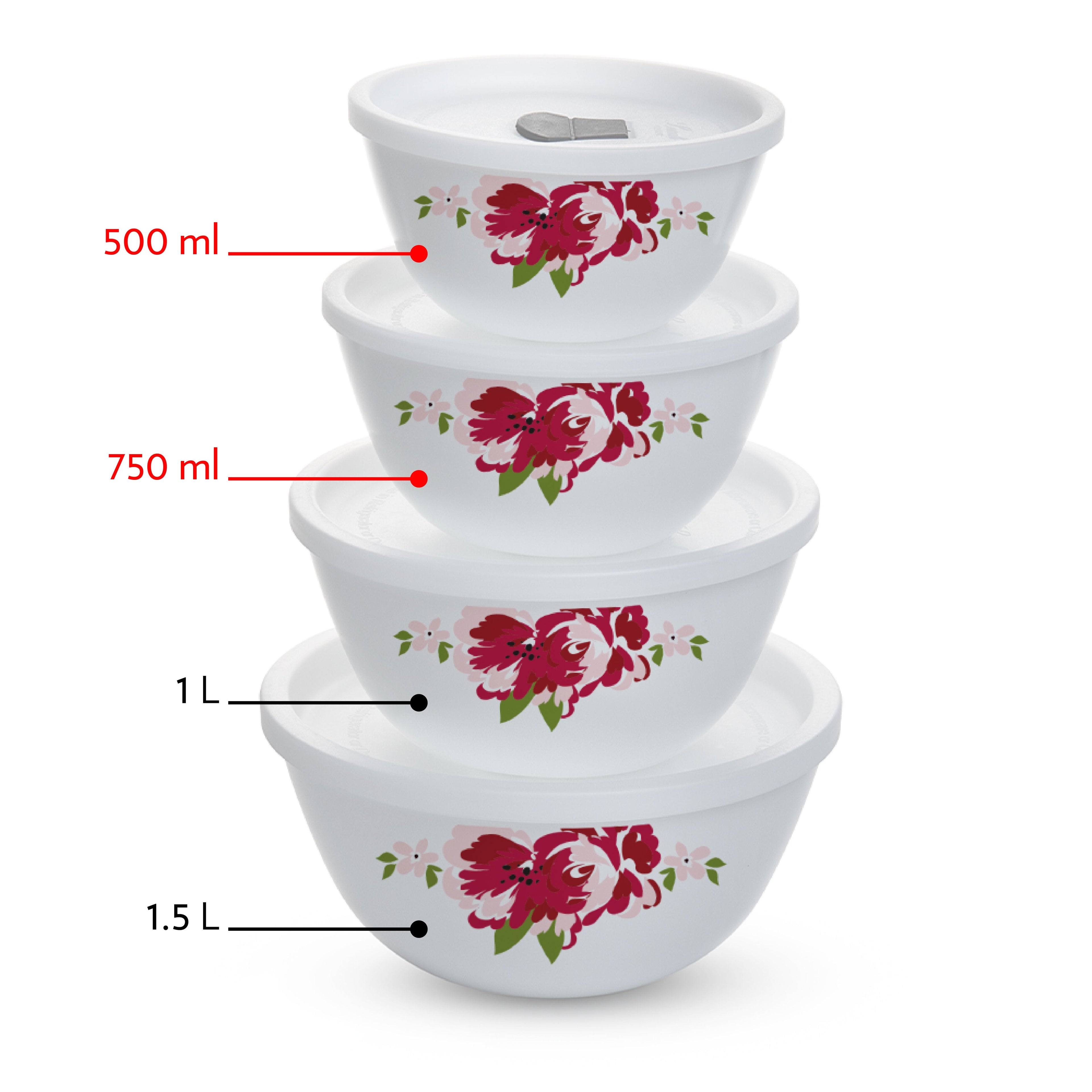Larah by Borosil Rose Red 4 pc Mixing Bowl, 750 ml + 500 ml