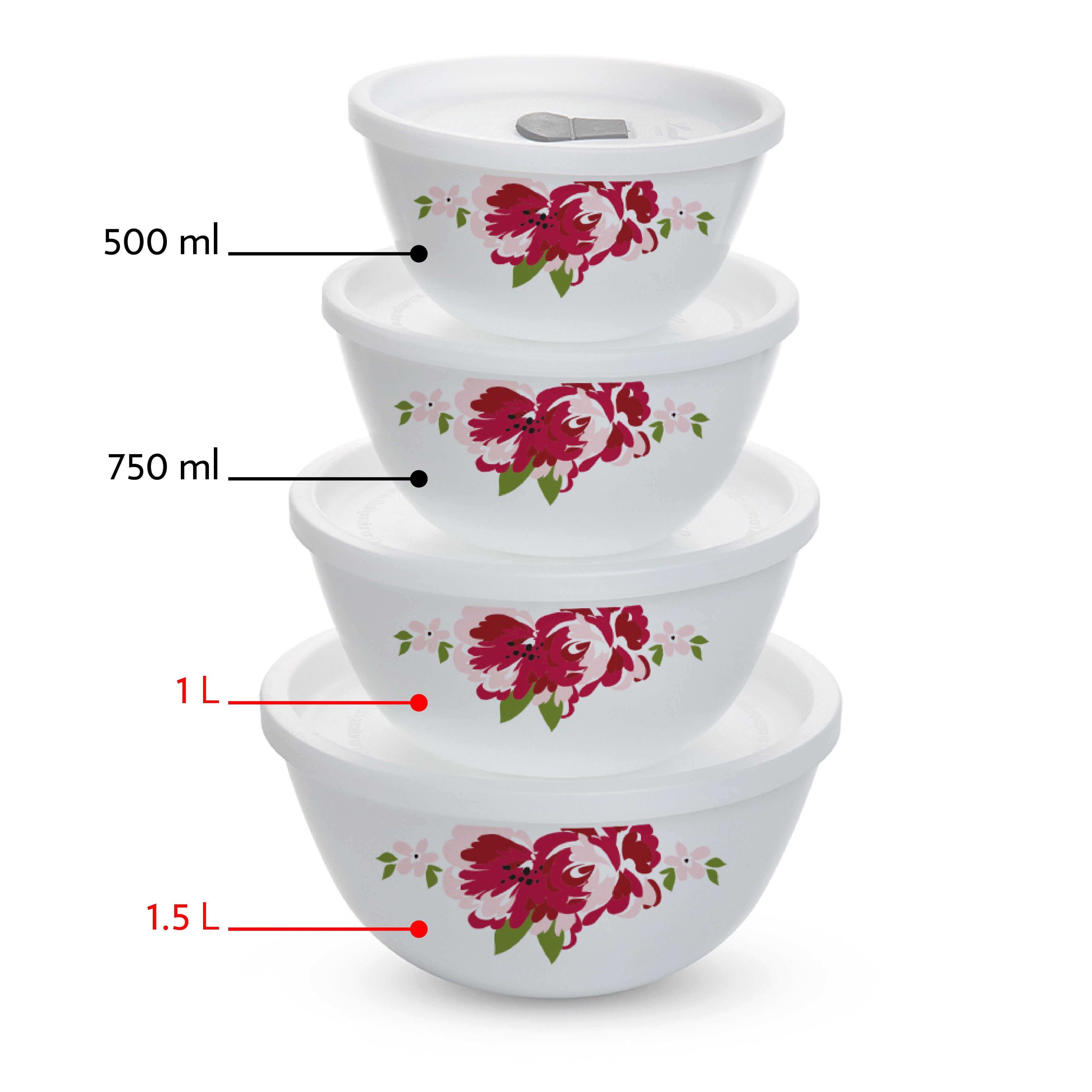 Larah by Borosil Rose Red 4 pc Mixing Bowl, 1 L + 1.5 L