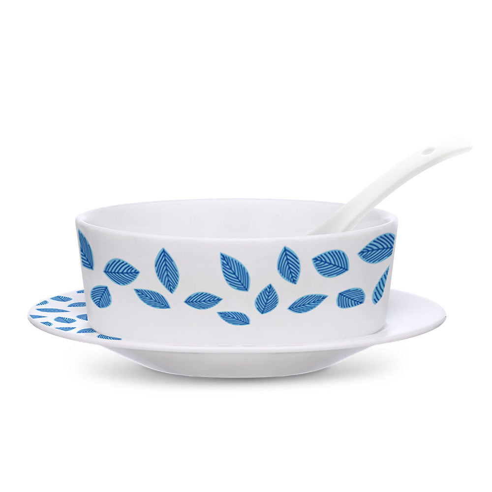 Larah by Borosil Blue Leaves Soup Bowl w Saucer Set