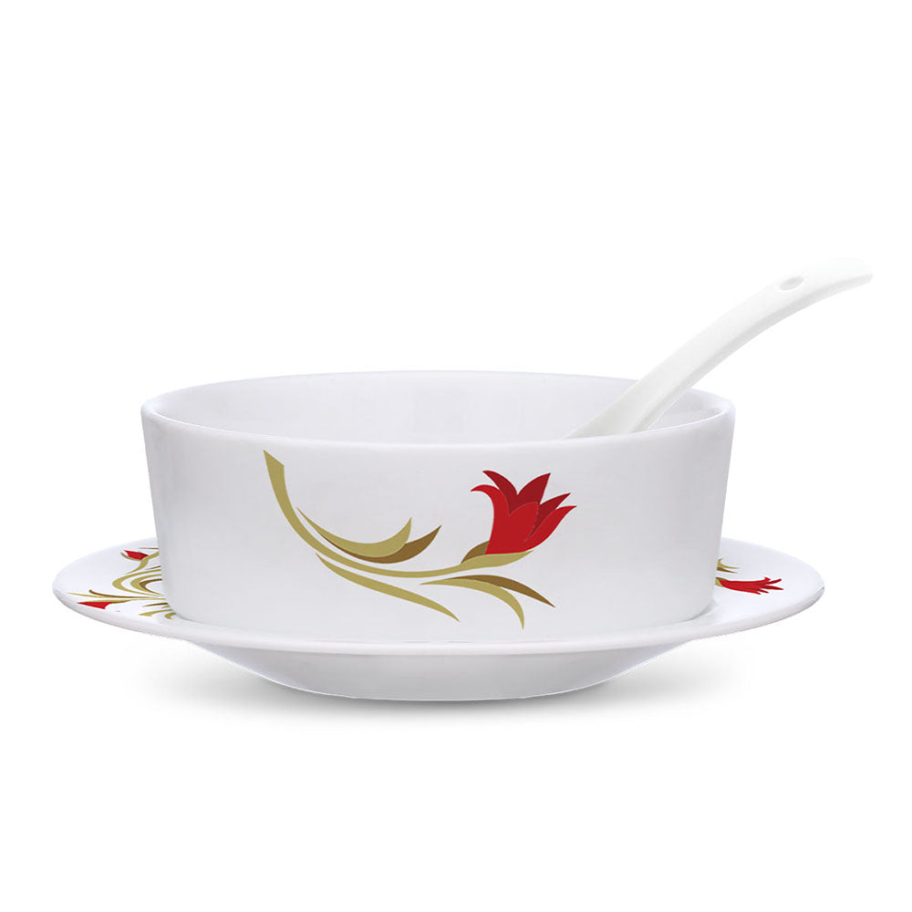 Larah by Borosil Red Lily Soup Bowl w Saucer Set