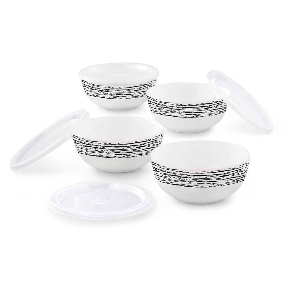 Larah by Borosil Milky Way Snack Bowl with Cover, 2pcSet+2Lids