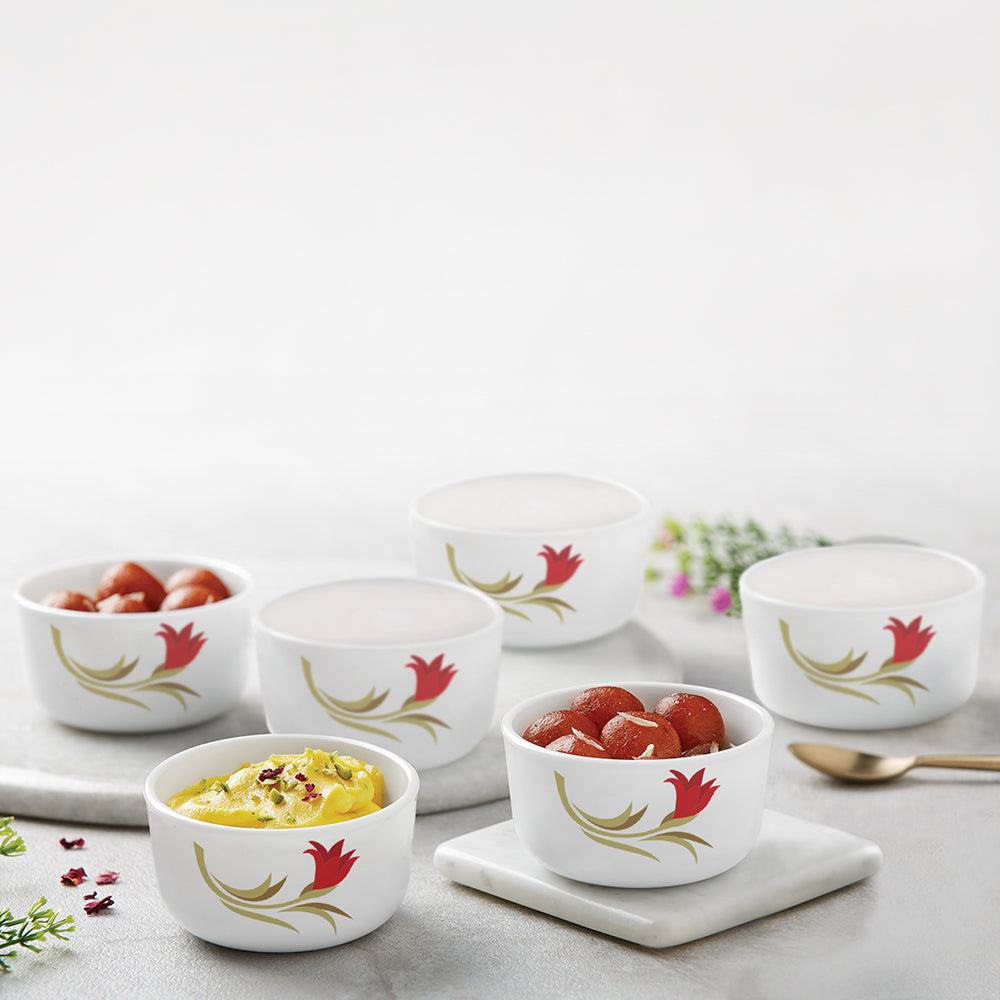 Larah by Borosil Red Lily Katori, 6 pc