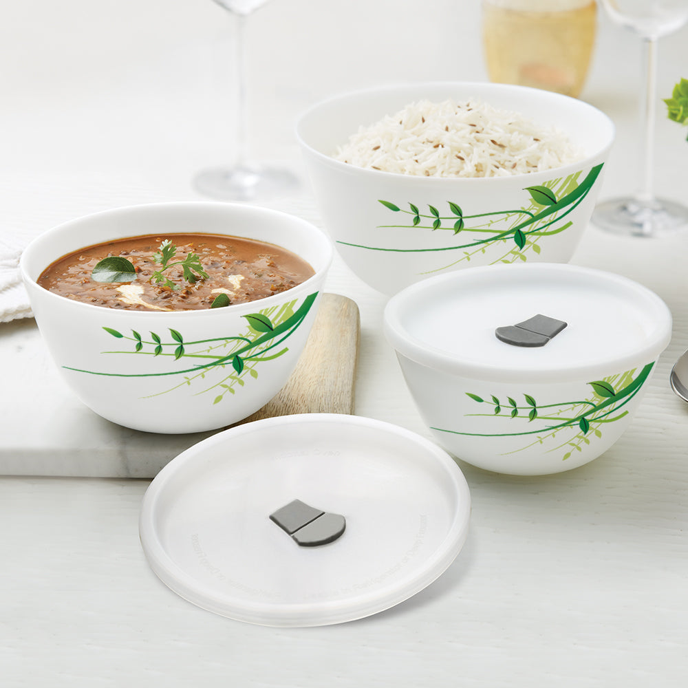 Larah by Borosil Green Herbs Mixing Bowl Set w Lid, 6 pc