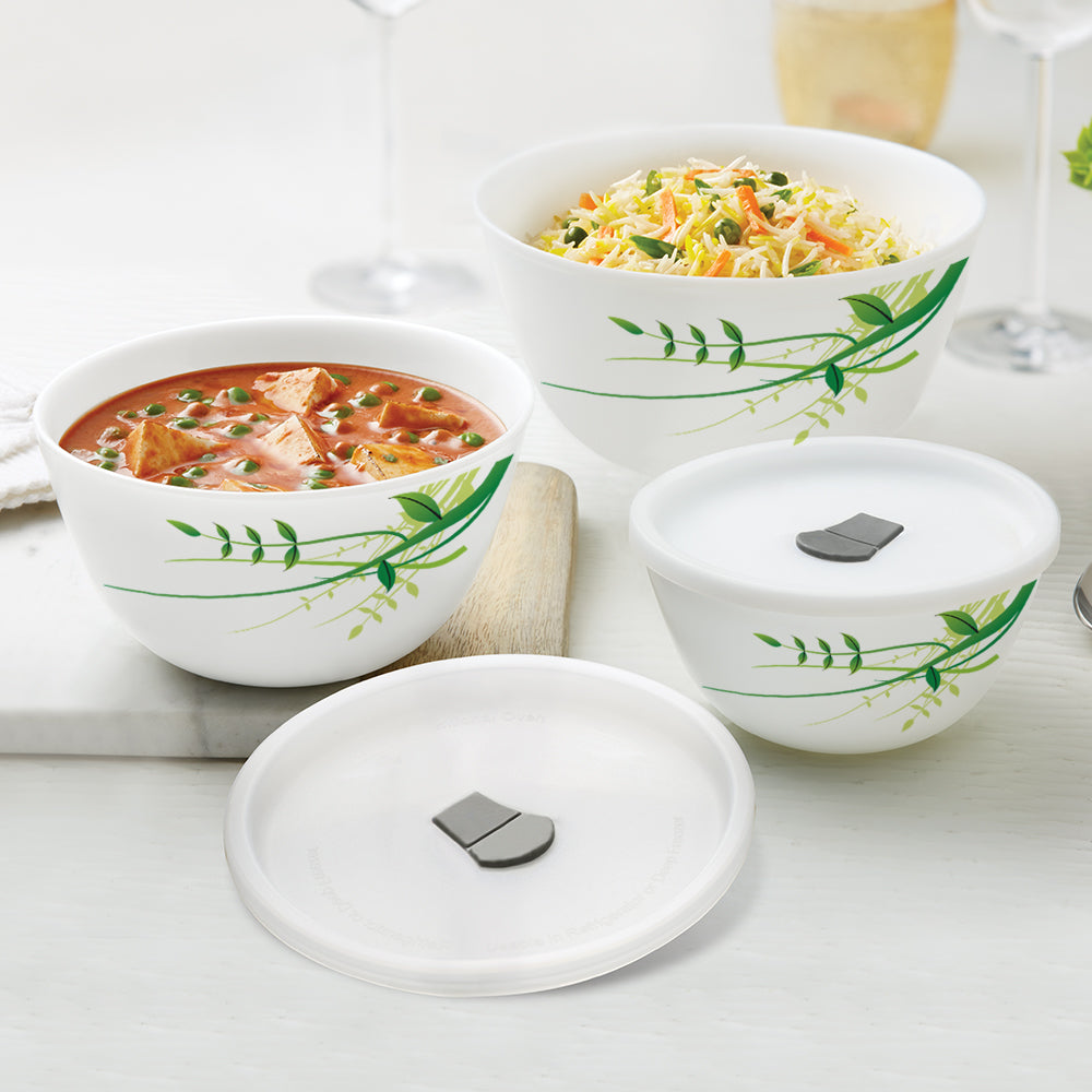 Larah by Borosil Green Herbs Mixing Bowl Set w Lid, 6 pc